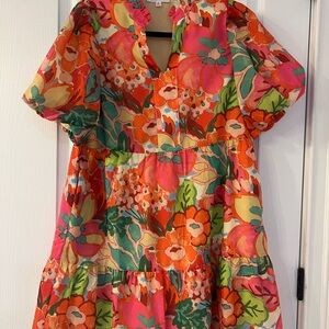 THML Orange Green Puff Sleeve Sundress